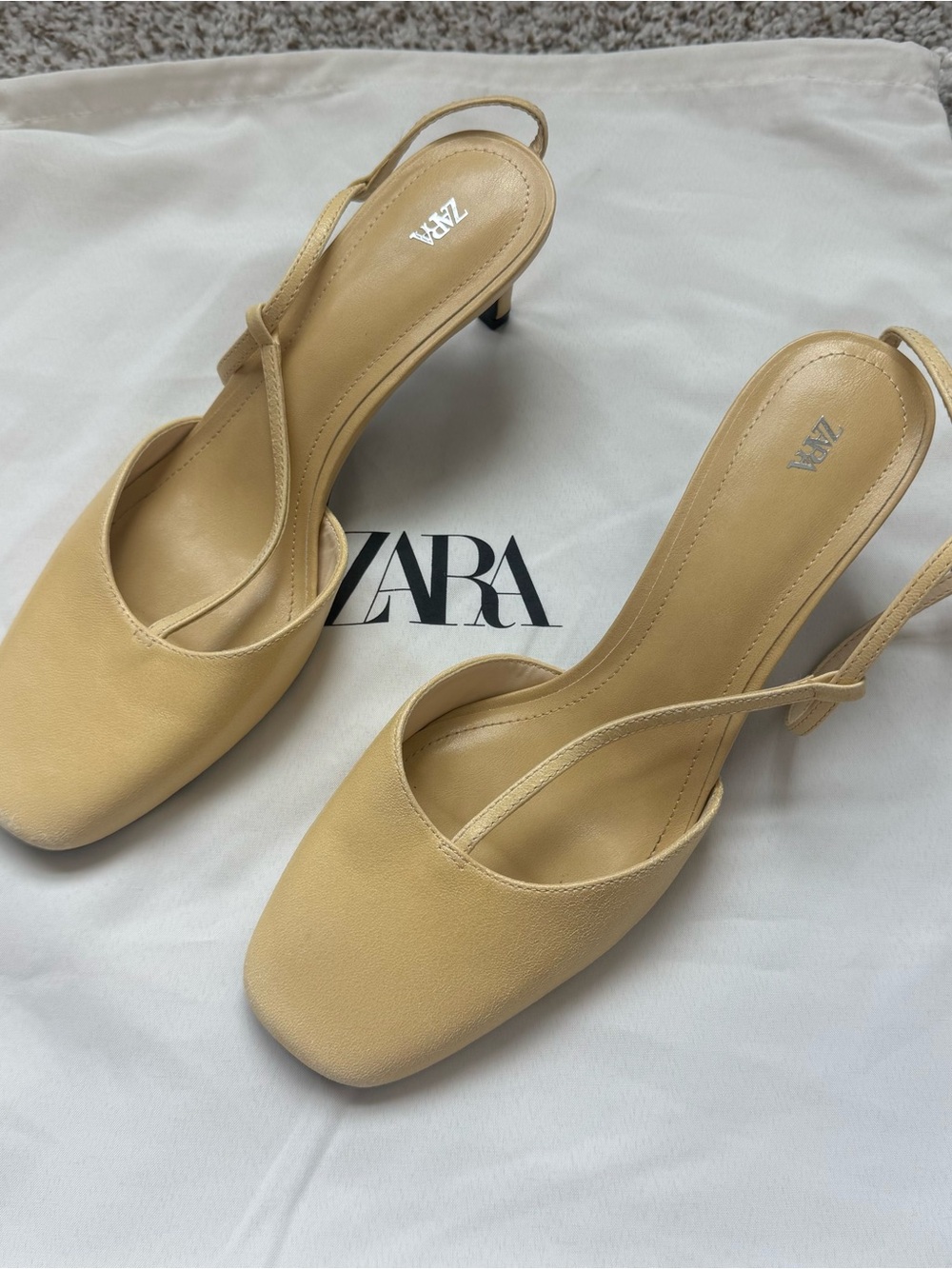 ZARA Leather Slingback Kitten Heels Square Toe Shoes Size 38 US 7.5/8